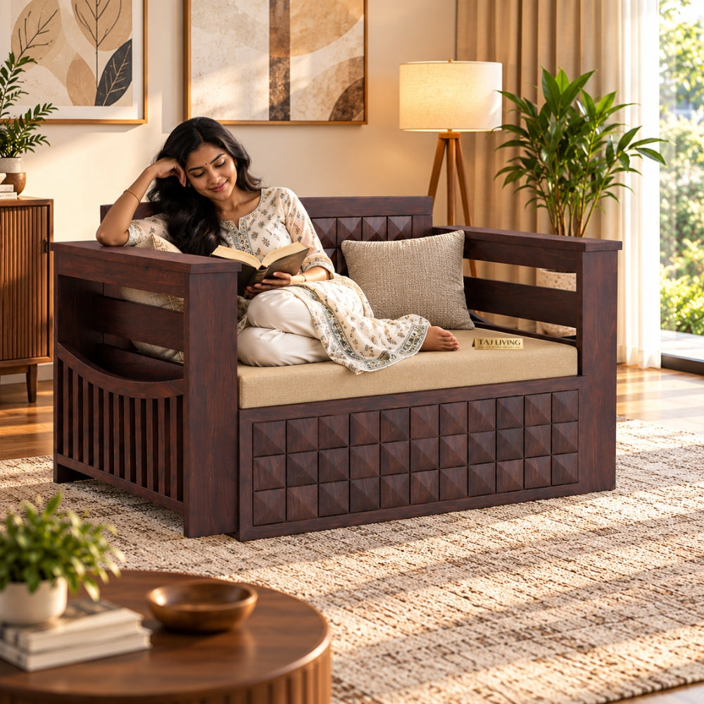 Sheesham Wood 2 Seater Walnut Sofa Cum Bed