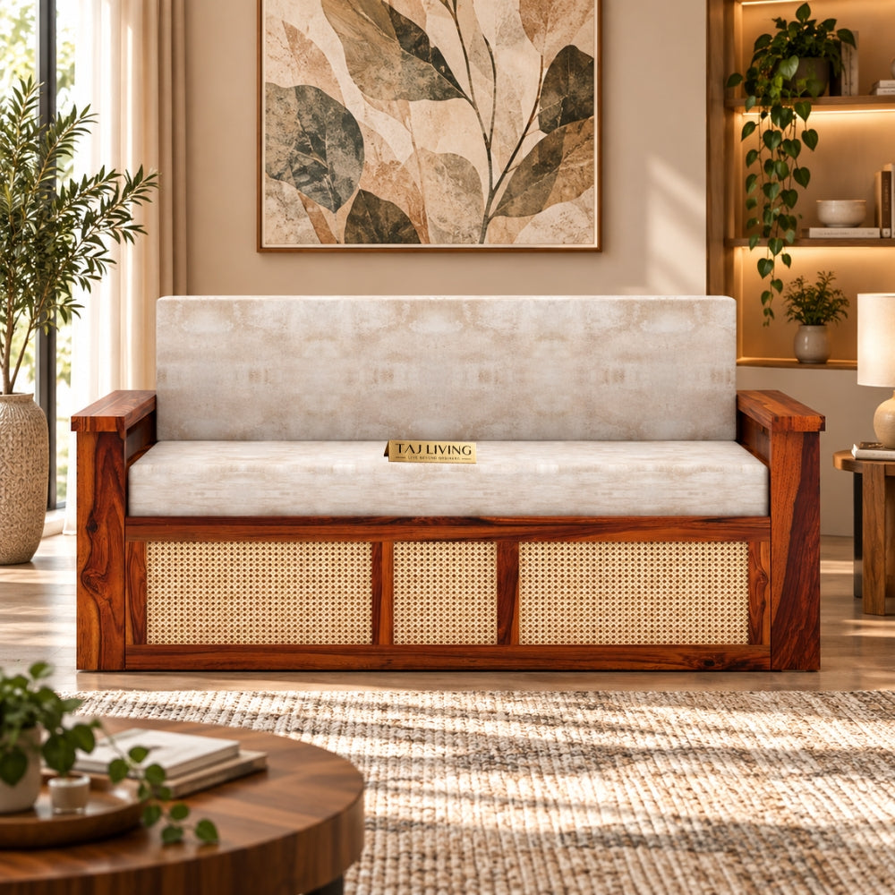 Samrat Wood Sofa Cum Bed with Cane Rattan Design (Honey Finish)