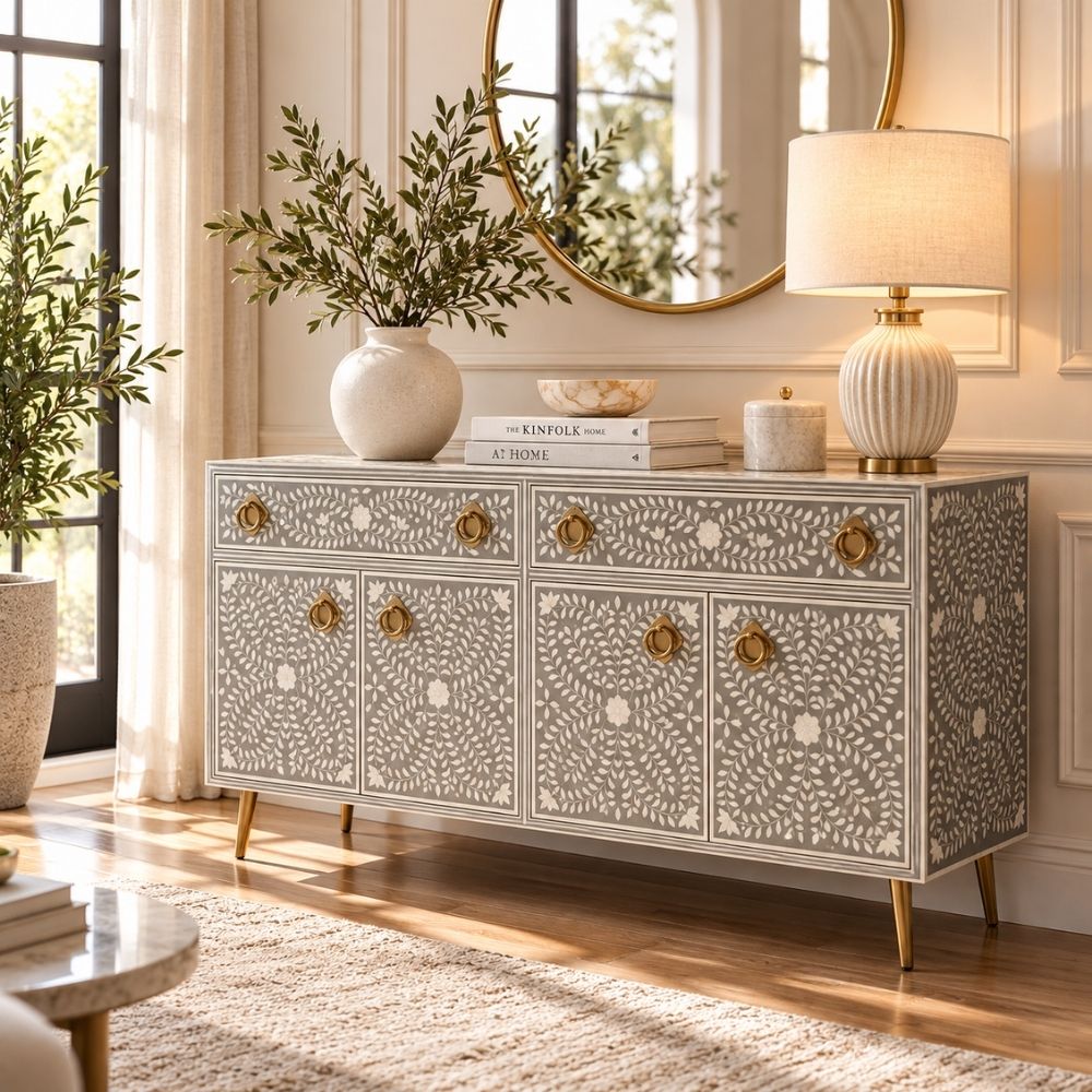 Meenakari Bone Inlay 2 Drawer 4 Door Grey Buffet Cabinet with Brass Handles