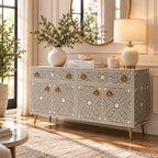 Meenakari Bone Inlay 2 Drawer 4 Door Grey Buffet Cabinet with Brass Handles