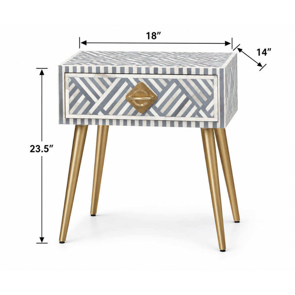 Aabha Sky Blue Bone Inlay 1 Drawer Bedside Table