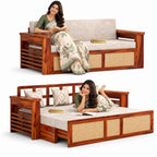 Samrat Wood Sofa Cum Bed with Cane Rattan Design (Honey Finish)