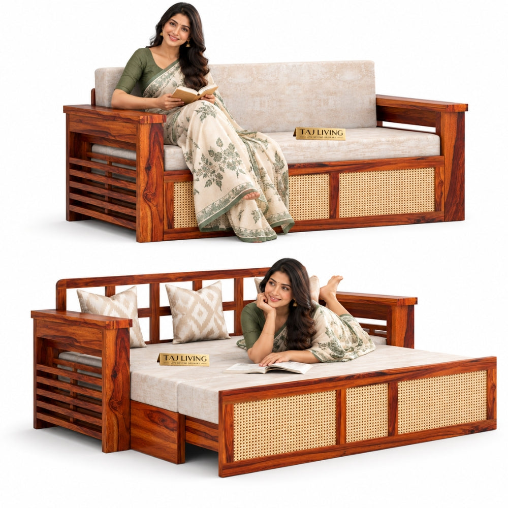 Samrat Wood Sofa Cum Bed with Cane Rattan Design (Honey Finish)