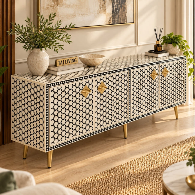 Black Bone Inlay Targua Design 4 Door TV Unit Media Cabinet Main Image