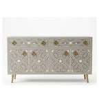 Meenakari Bone Inlay 2 Drawer 4 Door Grey Buffet Cabinet with Brass Handles