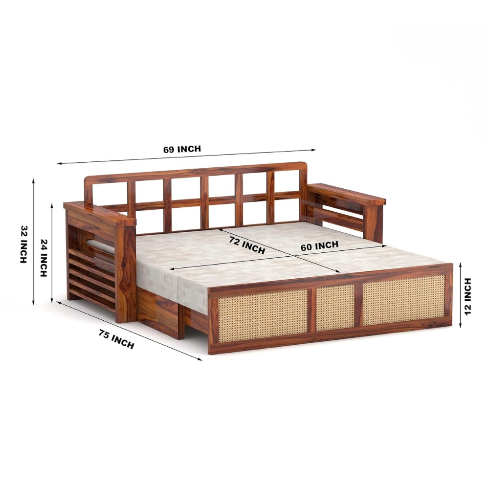 Samrat Wood Sofa Cum Bed with Cane Rattan Design (Honey Finish)