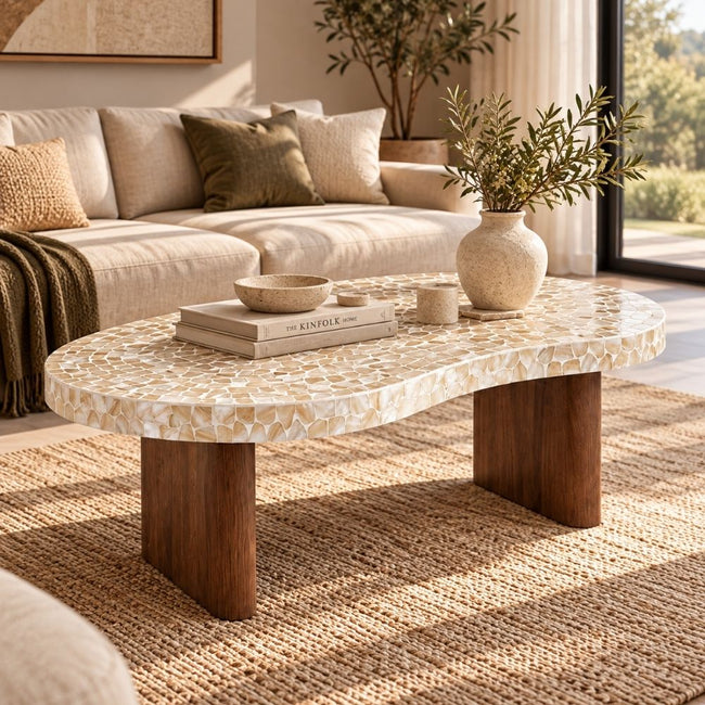White Mother of Pearl Coffee Table with Wooden Legs Main Image
