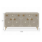 Meenakari Bone Inlay 2 Drawer 4 Door Grey Buffet Cabinet with Brass Handles