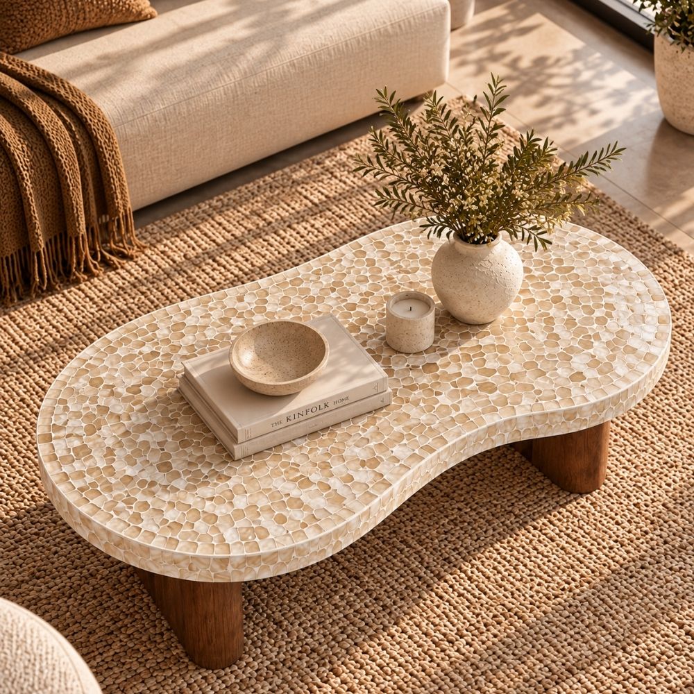 White Mother of Pearl Coffee Table with Wooden Legs