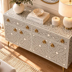 Meenakari Bone Inlay 2 Drawer 4 Door Grey Buffet Cabinet with Brass Handles