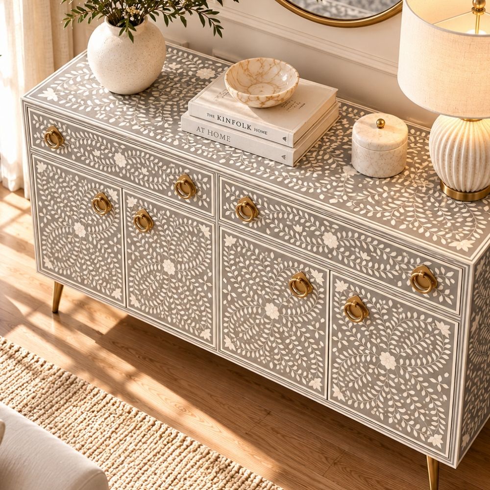 Meenakari Bone Inlay 2 Drawer 4 Door Grey Buffet Cabinet with Brass Handles