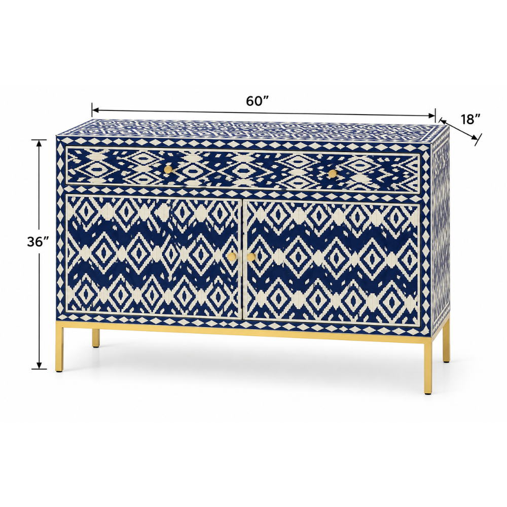 Neelmaru Blue & White Geometric Bone Inlay Cabinet with Gold-Finish Legs