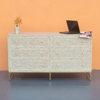 Raj Mahal Bone Inlay Chest of 6 Drawers Geometric Pattern Gold-Toned Metal Legs