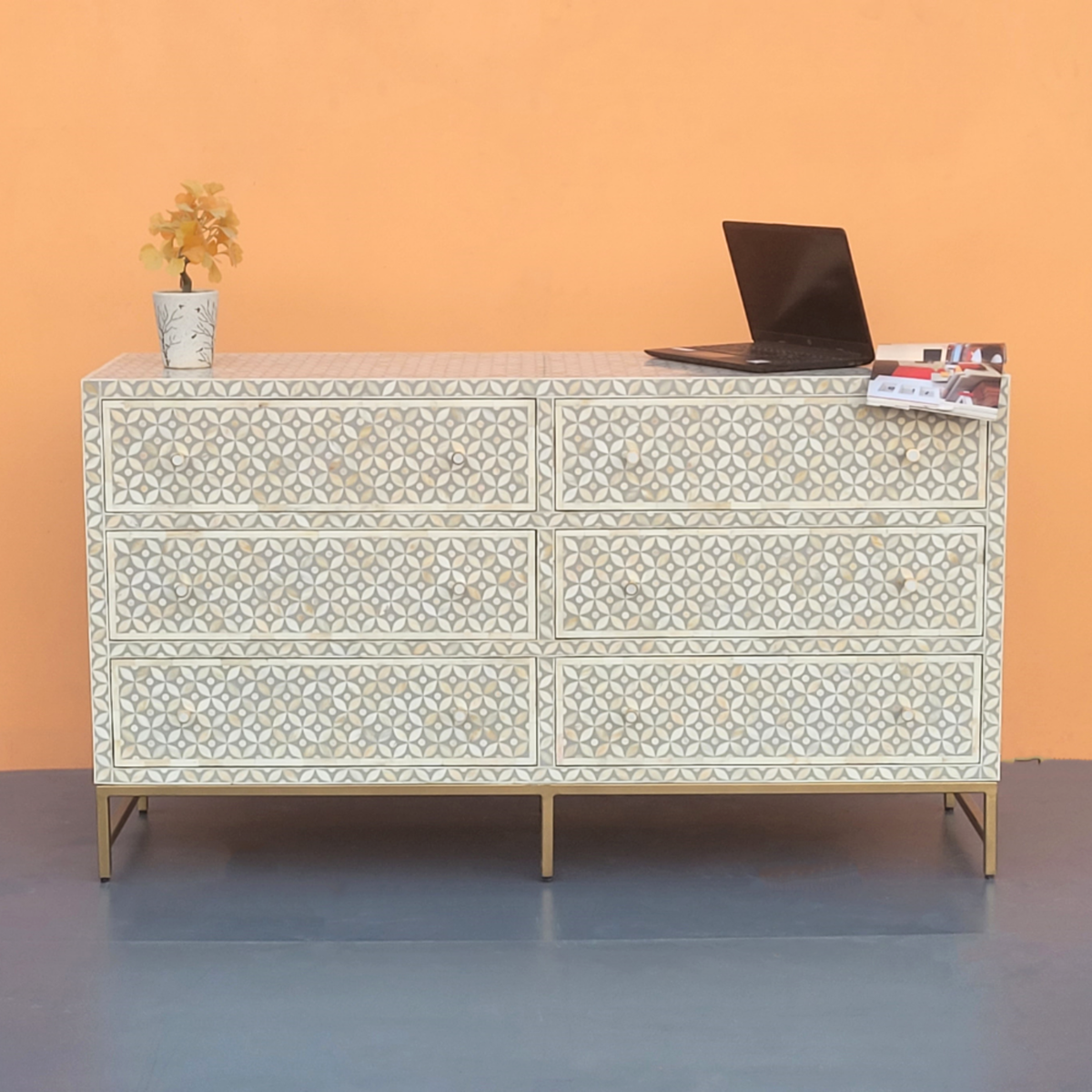 Raj Mahal Bone Inlay Chest of 6 Drawers Geometric Pattern Gold-Toned Metal Legs