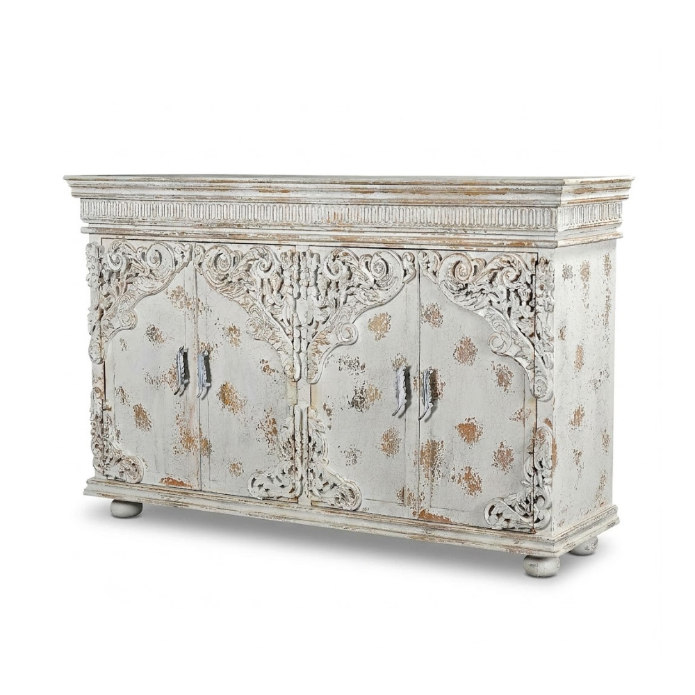 Darbar Hand Painted White Sideboard Cabinet with Crackle Finish