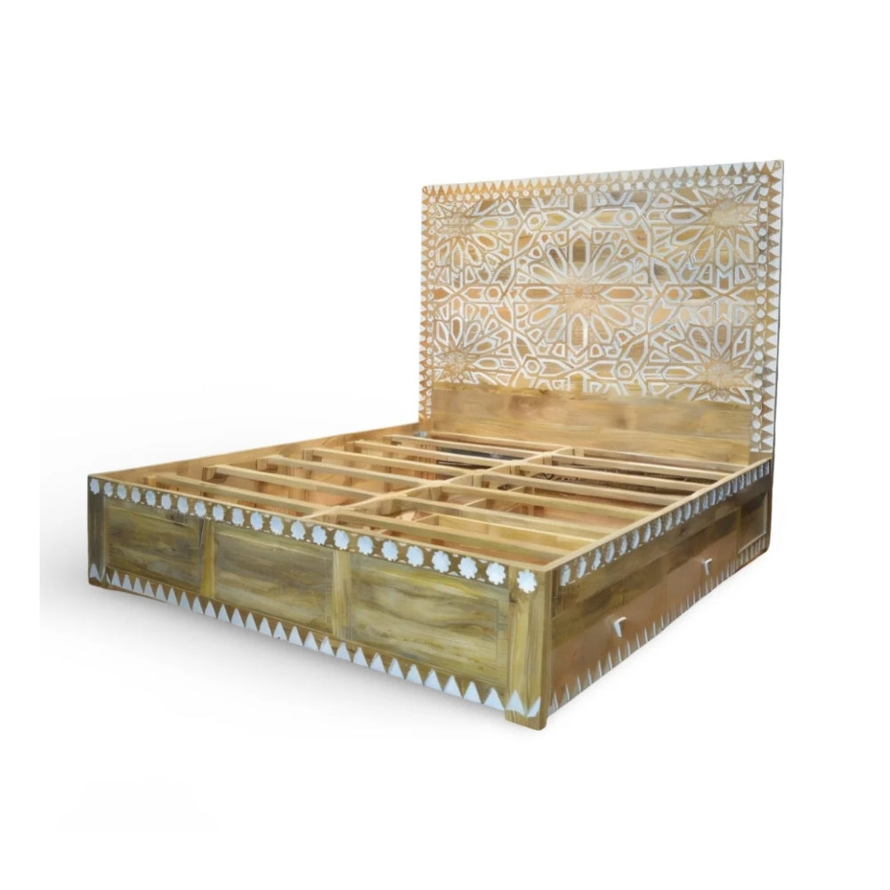 Handcrafted Solid Mango Wooden Bed in Natural Finish - Mandala Patterned