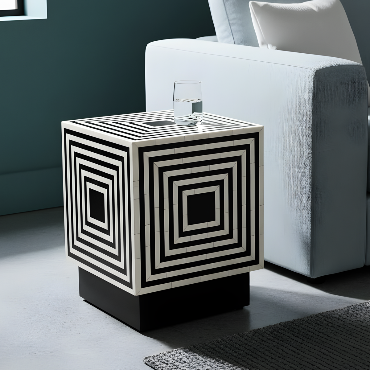 Kesari Geometric Bone Inlay Cube Side Table for Living Room