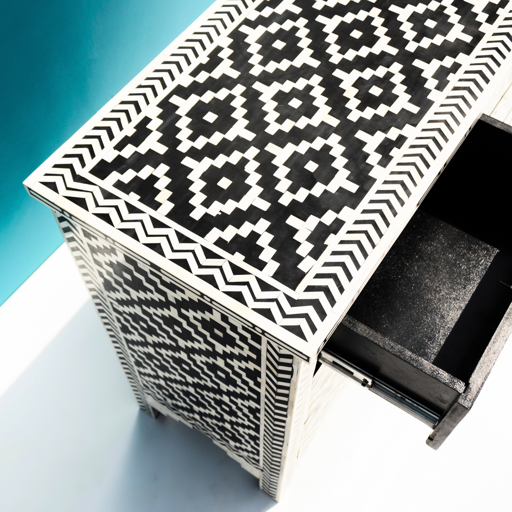 Dwarka Black & White Bone Inlay Chest of Drawers with Geometric Pattern