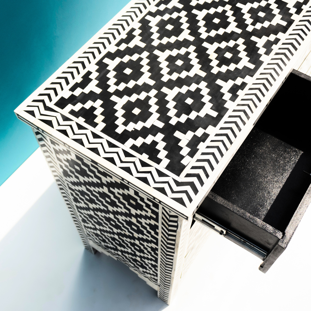 Dwarka Black & White Bone Inlay Chest of Drawers with Geometric Pattern