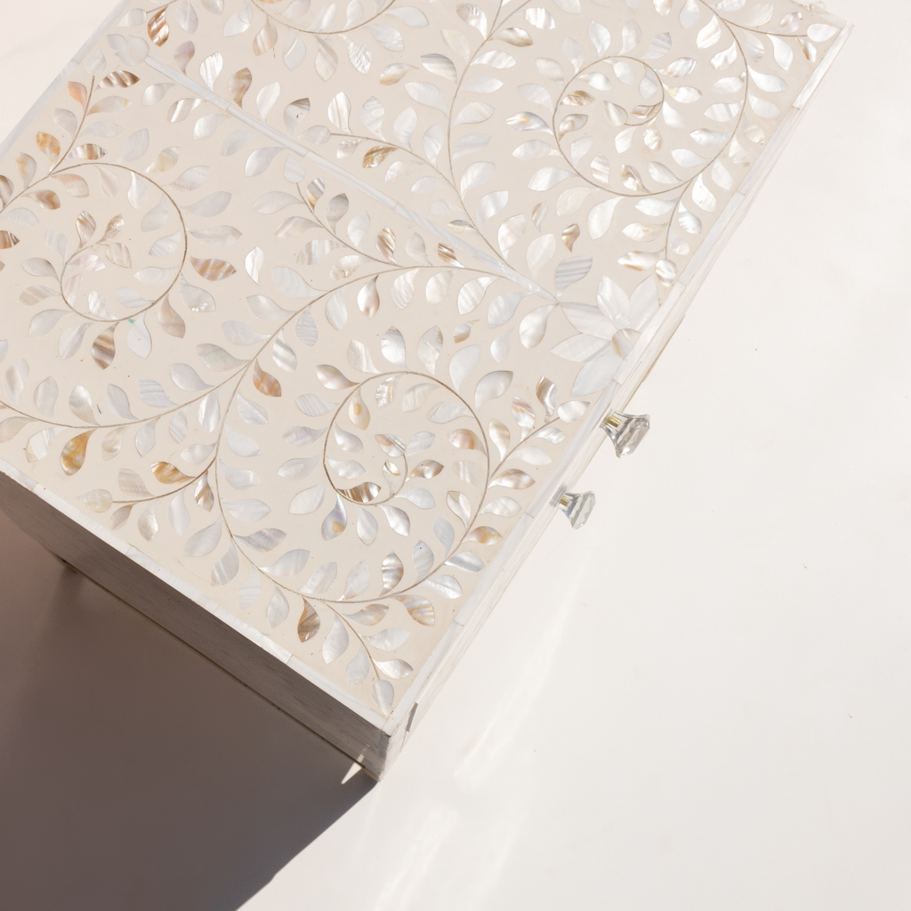 White Mother of Pearl Inlay Bedside Chest with 2 Drawers