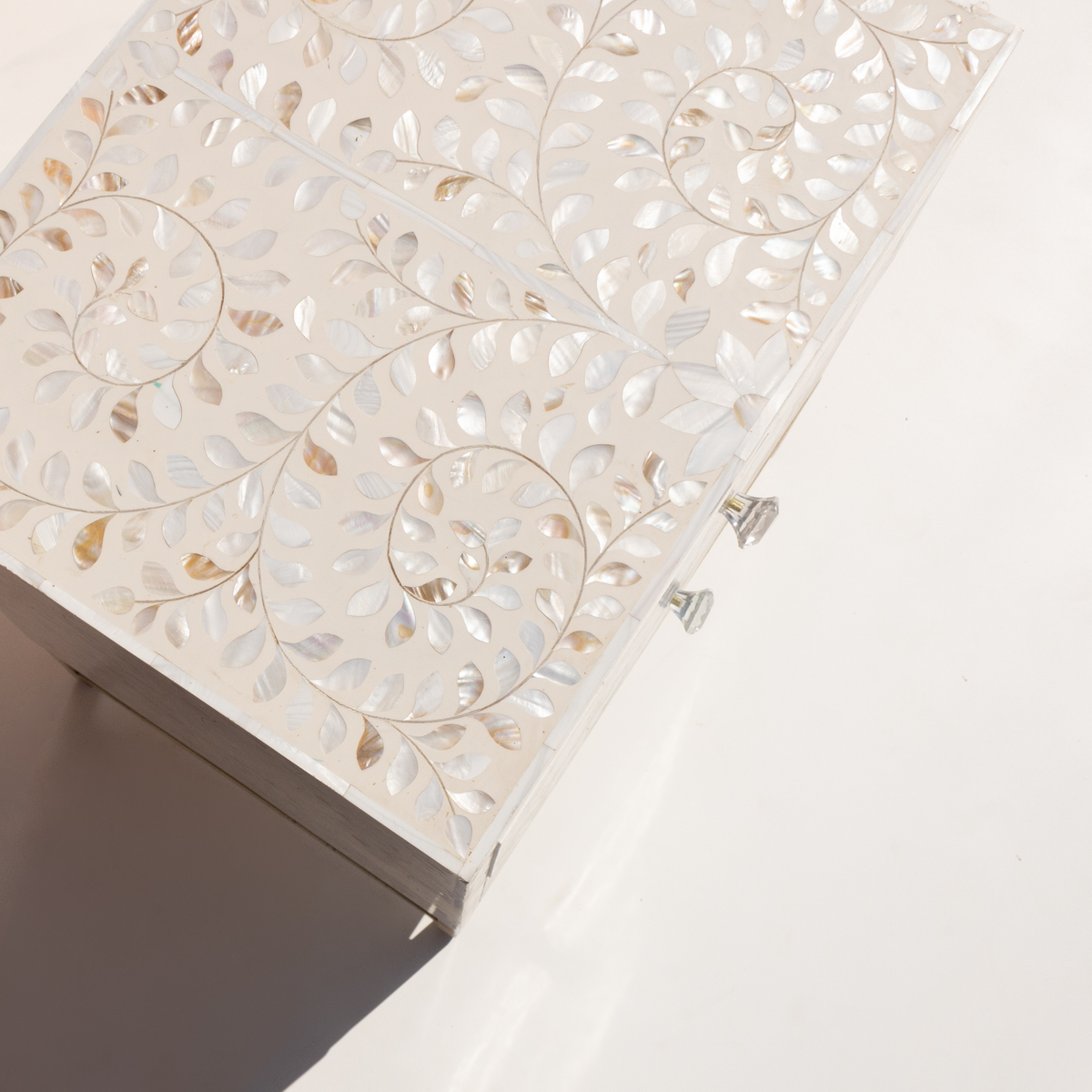 White Mother of Pearl Inlay Bedside Chest with 2 Drawers