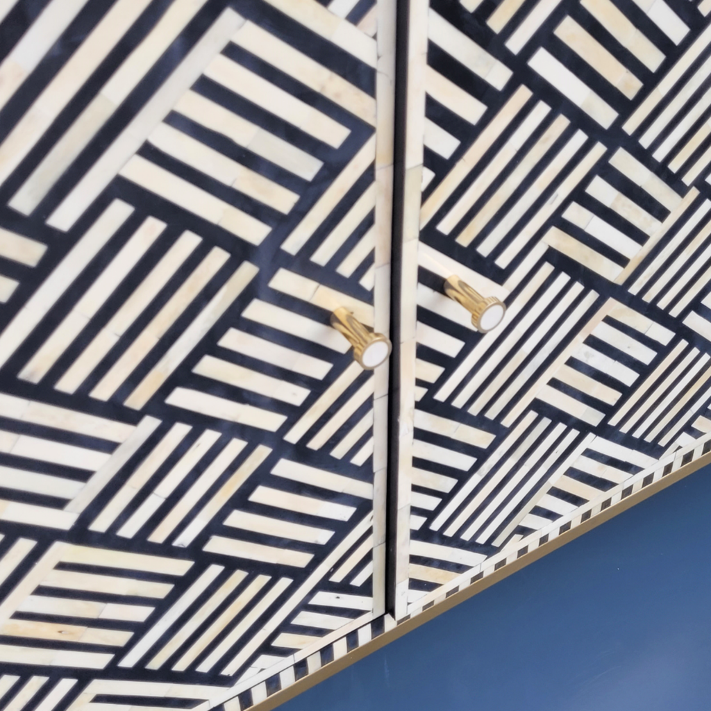 Parampara Bone Inlay Black & White 3 Door Storage Sideboard with Gold-toned legs