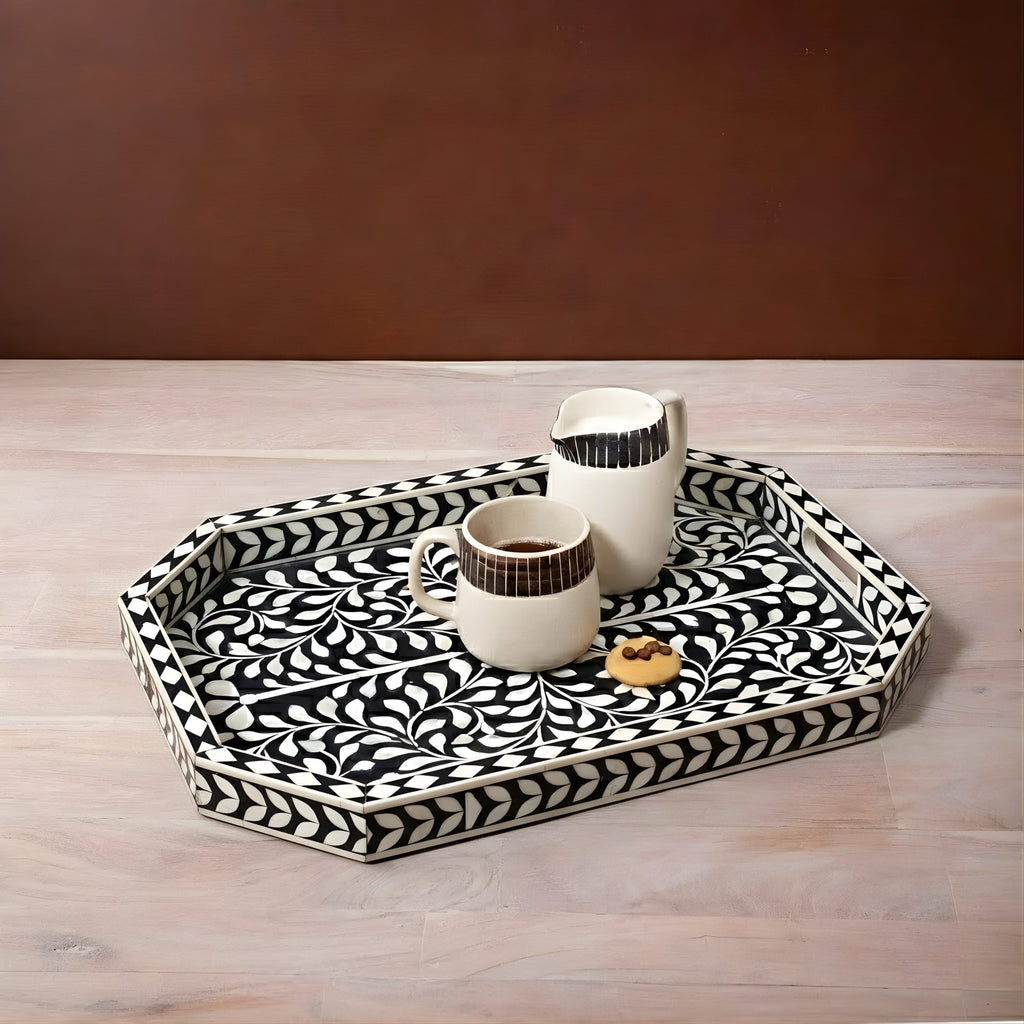 Rajdhara Handcrafted Black & White Bone Inlay Tray - Floral Finish