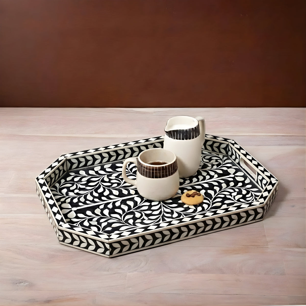 Rajdhara Handcrafted Black & White Bone Inlay Tray - Floral Finish