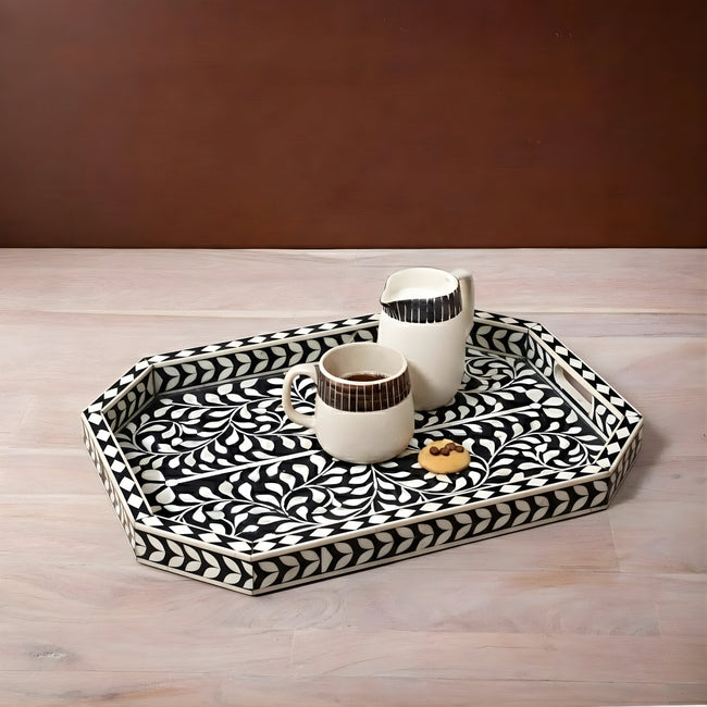 Rajdhara Handcrafted Black & White Bone Inlay Tray - Floral Finish Hover Image