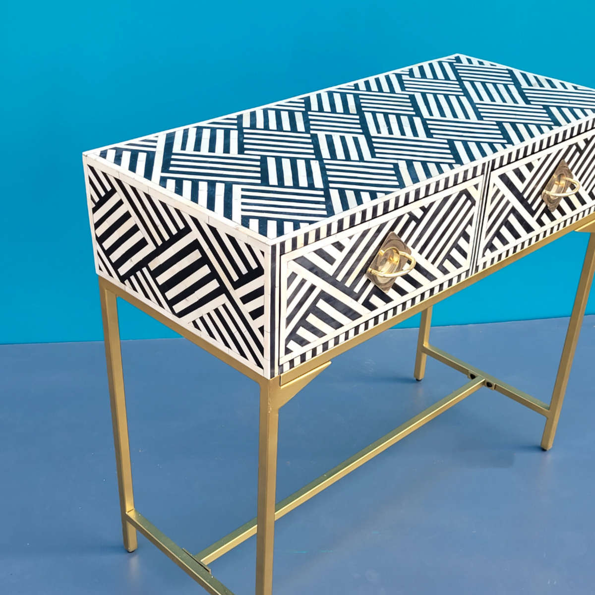 Taj Signature Black And White Bone inlay 2 Drawers Console Table