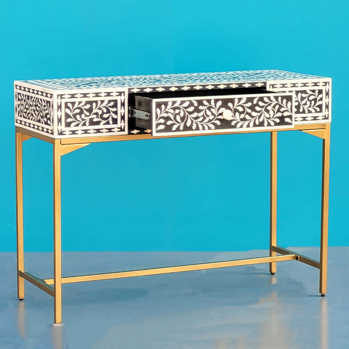 Regal Black & White Floral Bone Inlay Console Table with Gold-Finish Base