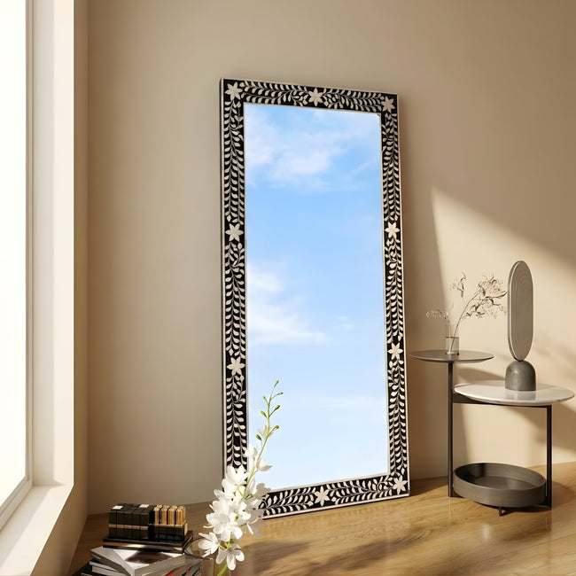Marurang Bone Inlay Floral Wall Mirror for Home Hover Image