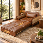 Rattan Weaving Armrests Leatherette Fabric Retro Sofa Bed with Underneath Storage