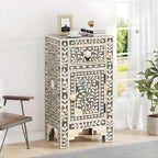 Kundanika Grey & Cream Floral Bone Inlay Bedside Table – Handmade Nightstand