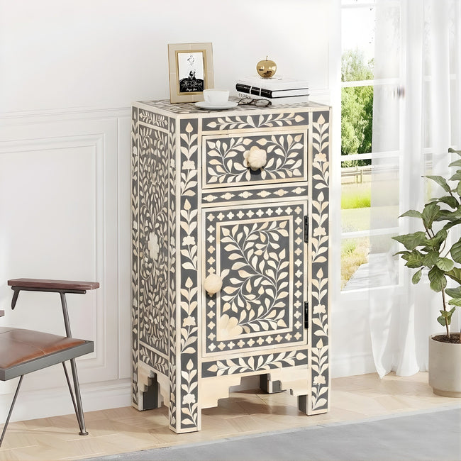 Kundanika Grey & Cream Floral Bone Inlay Bedside Table – Handmade Nightstand Hover Image
