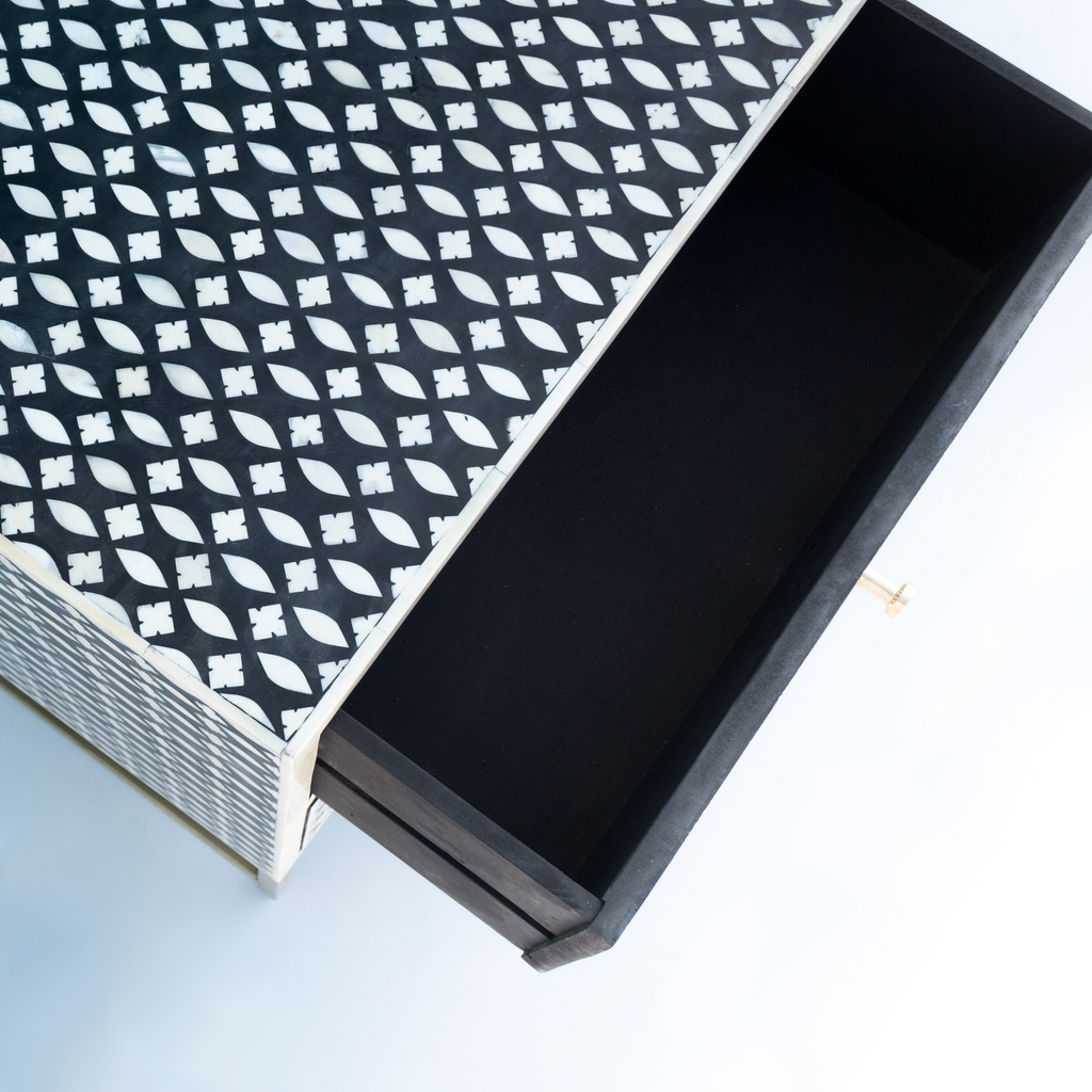 Modern Black & White Bone Inlay Bedside Table with 2 Drawers