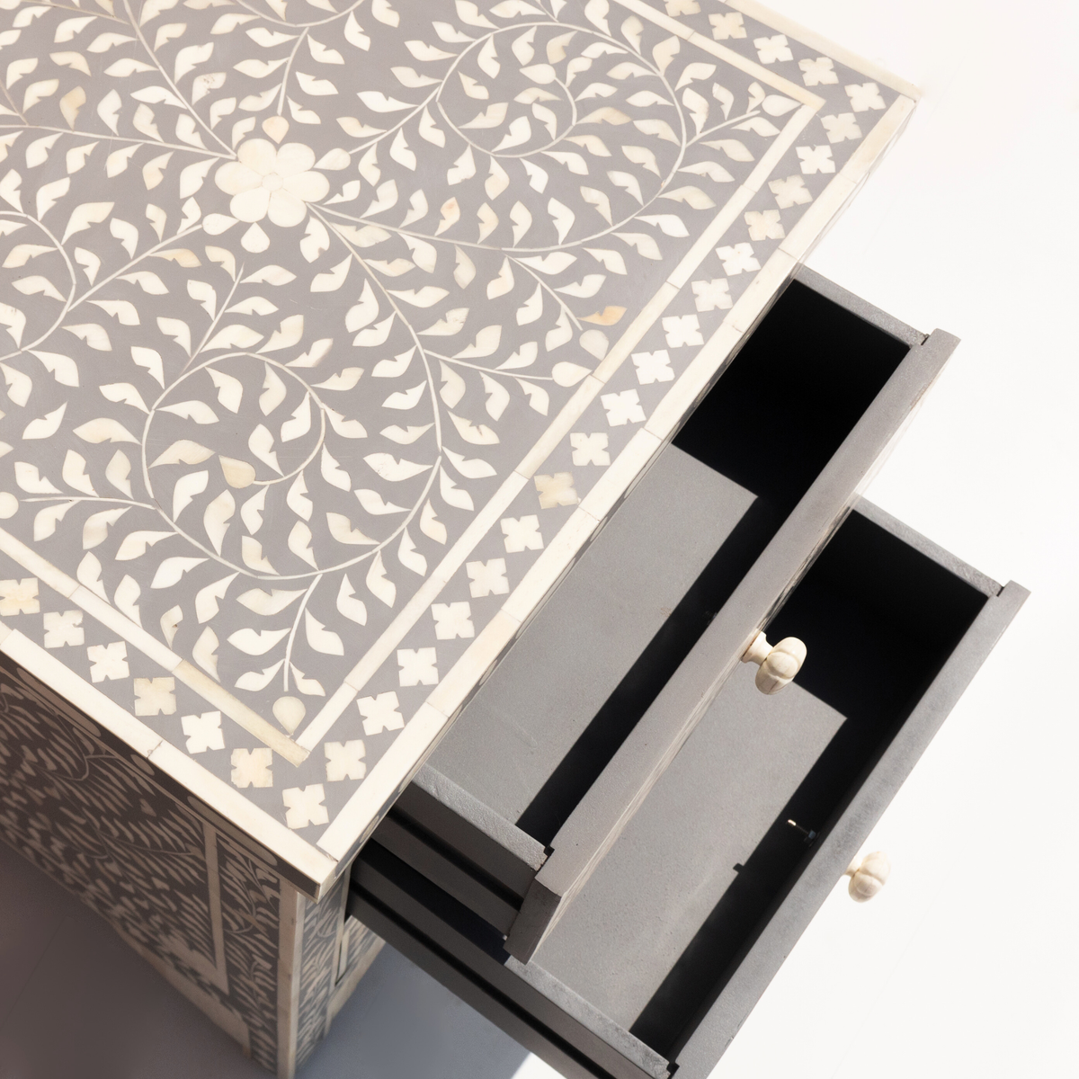 Handcrafted Grey Bone Inlay 3 Drawer Bedside Table