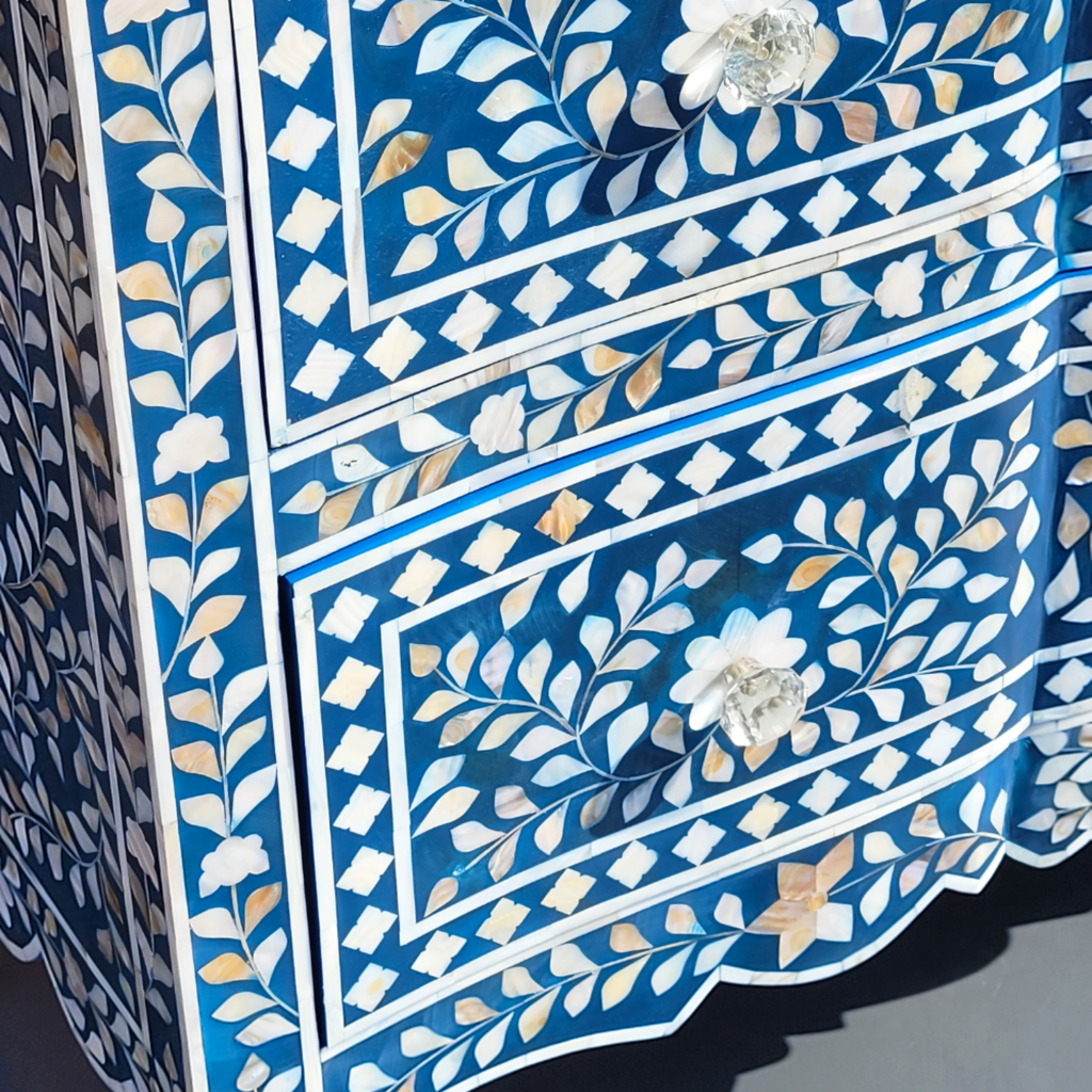 Vihana Mother of Pearl Chest of 2 Drawers Dark Blue Floral Design