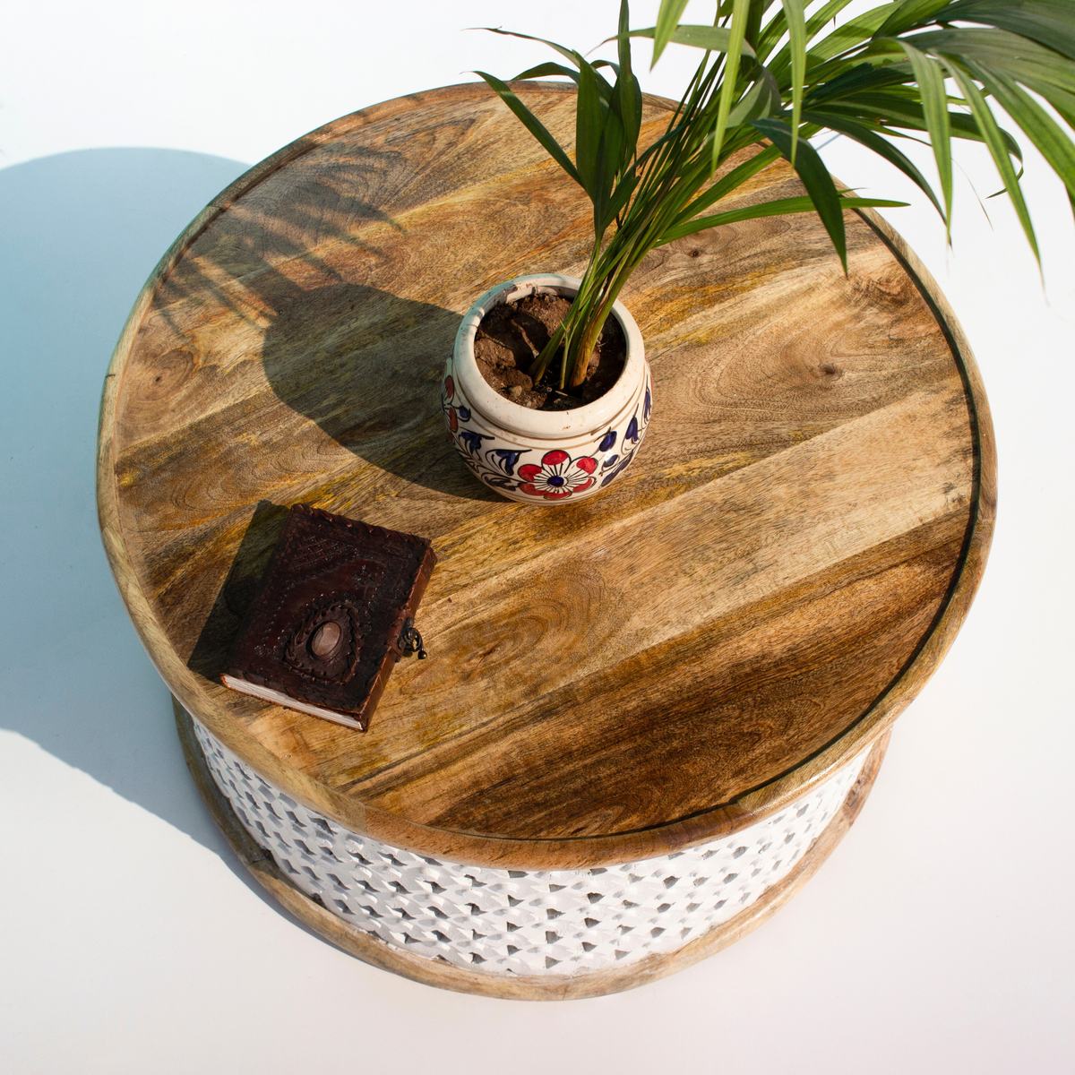 Ivory Carved Diamond Pattern Round Coffee Table with Natural Wood Top