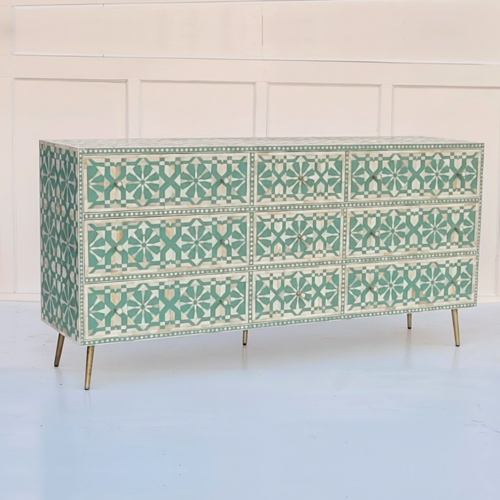 Moroccan Bone Inlay Sage Green 9 Drawers Sideboard / Cabinet