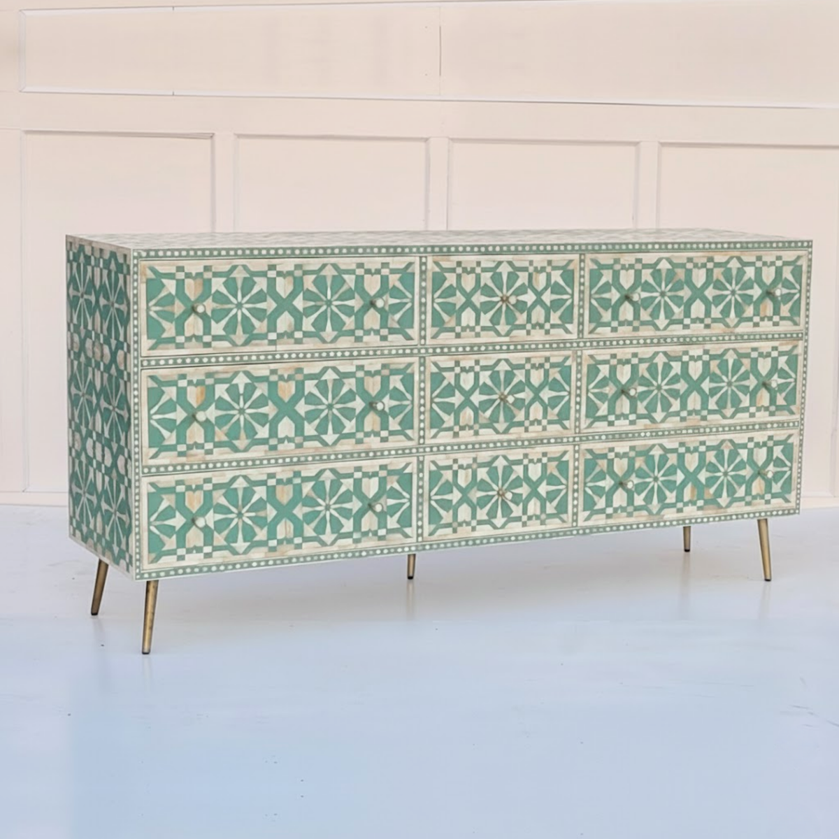 Moroccan Bone Inlay Sage Green 9 Drawers Sideboard / Cabinet