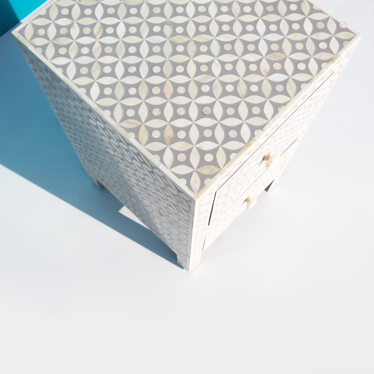 Ivory White Bone Inlay Bedside Table with 2 Drawers