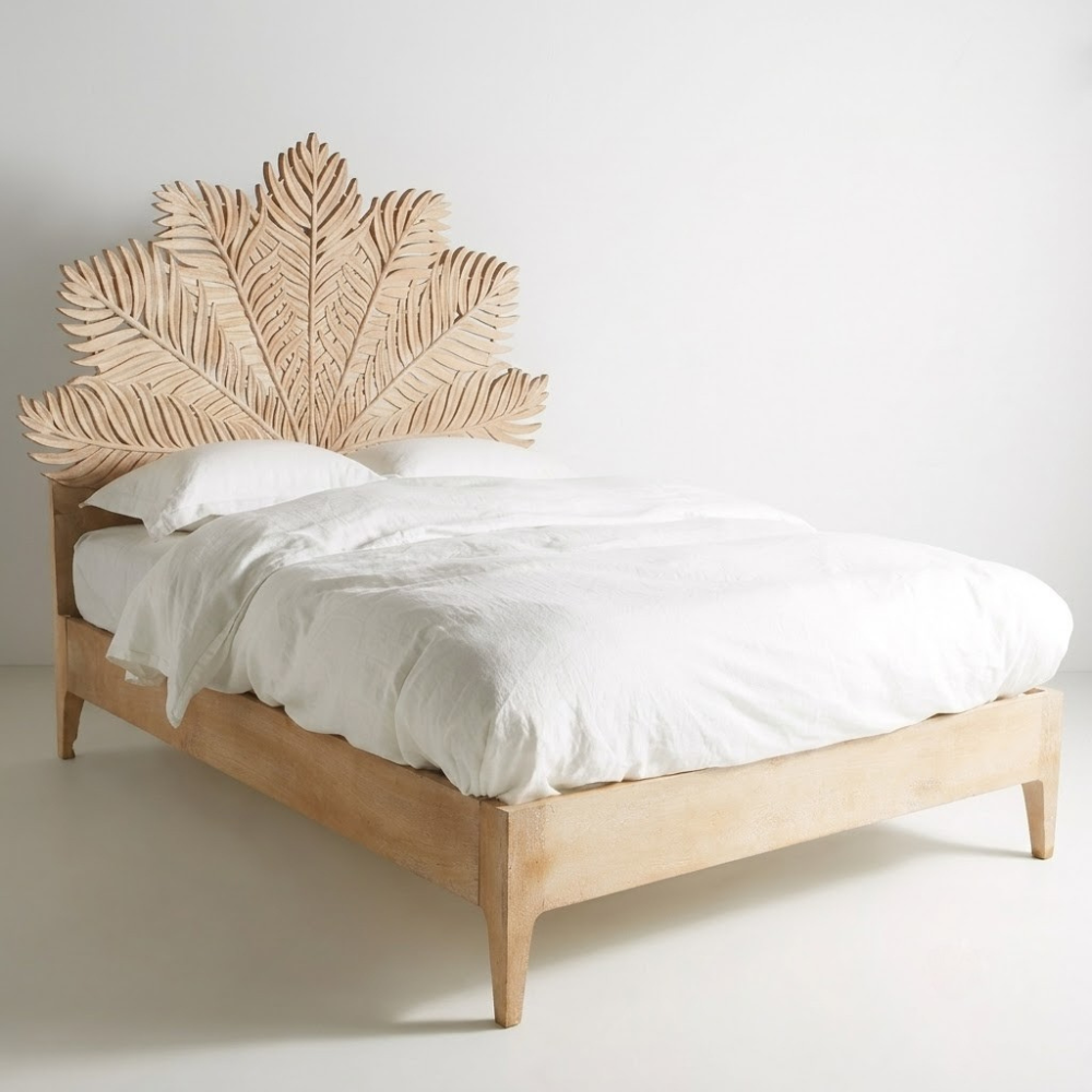 Maharani Hand-Carved Wood Super King Bed – Botanical Leaf Motif Wooden Bed Frame