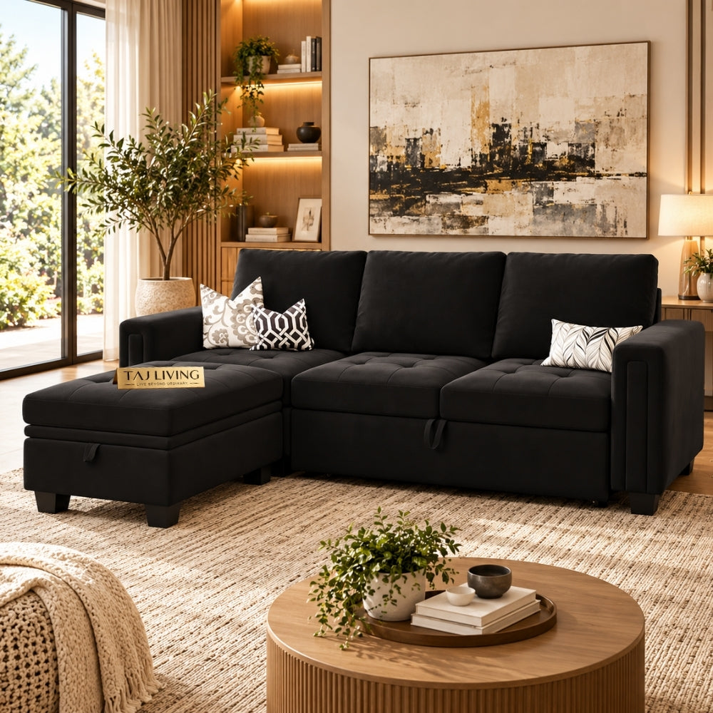 3-Seater Pull-Out Sofa Cum Bed with Storage Velvet Ottoman