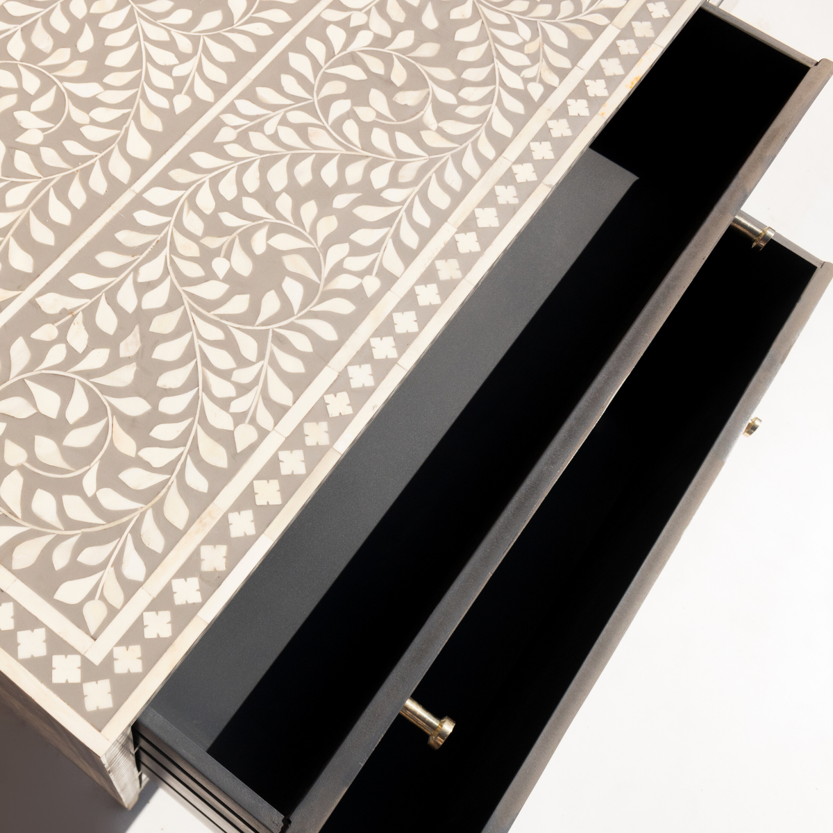 Luxury Grey Bone Inlay Chest of 6 Drawers with Floral Design