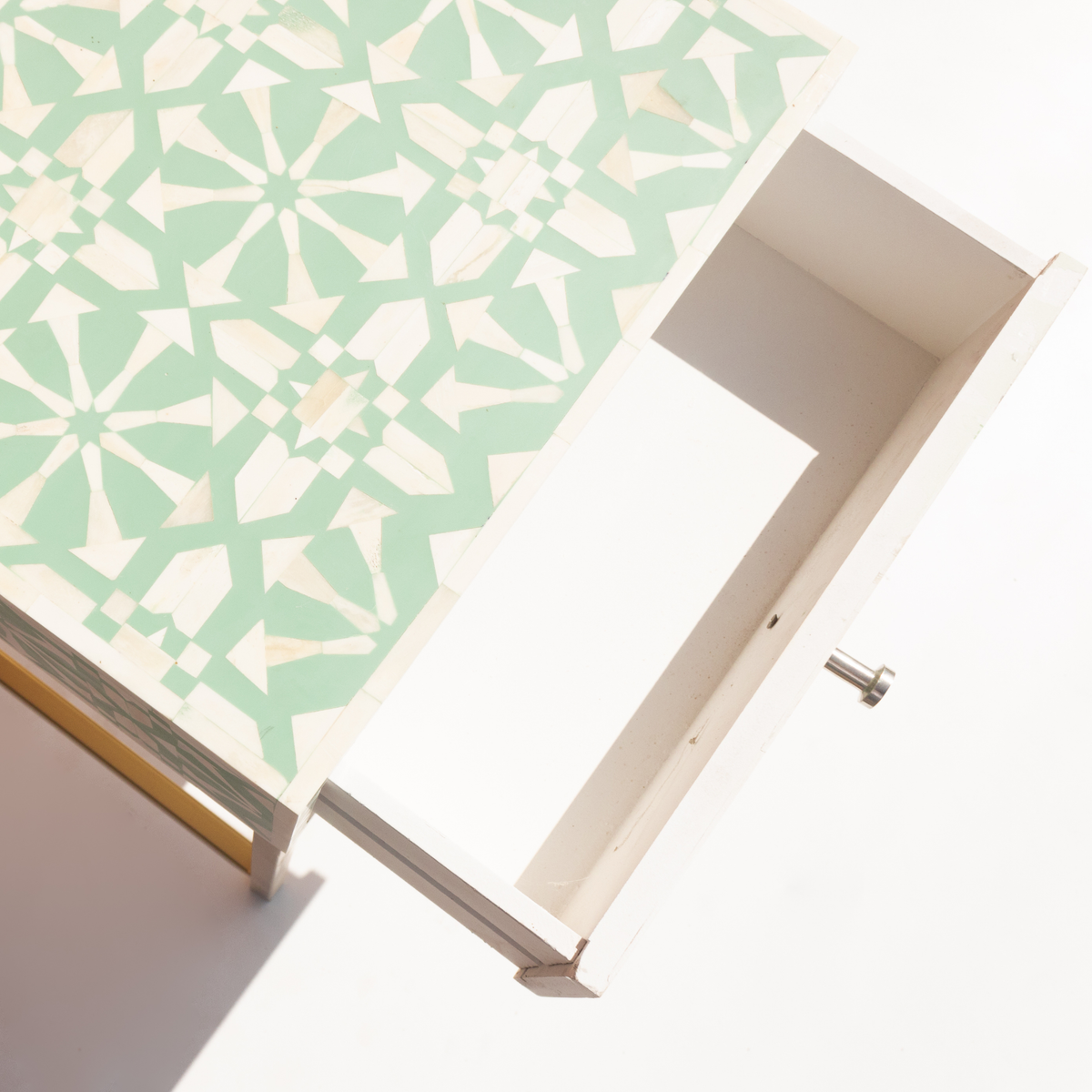Mint Green Bone Inlay Bed Side Table with Brass Finish Legs