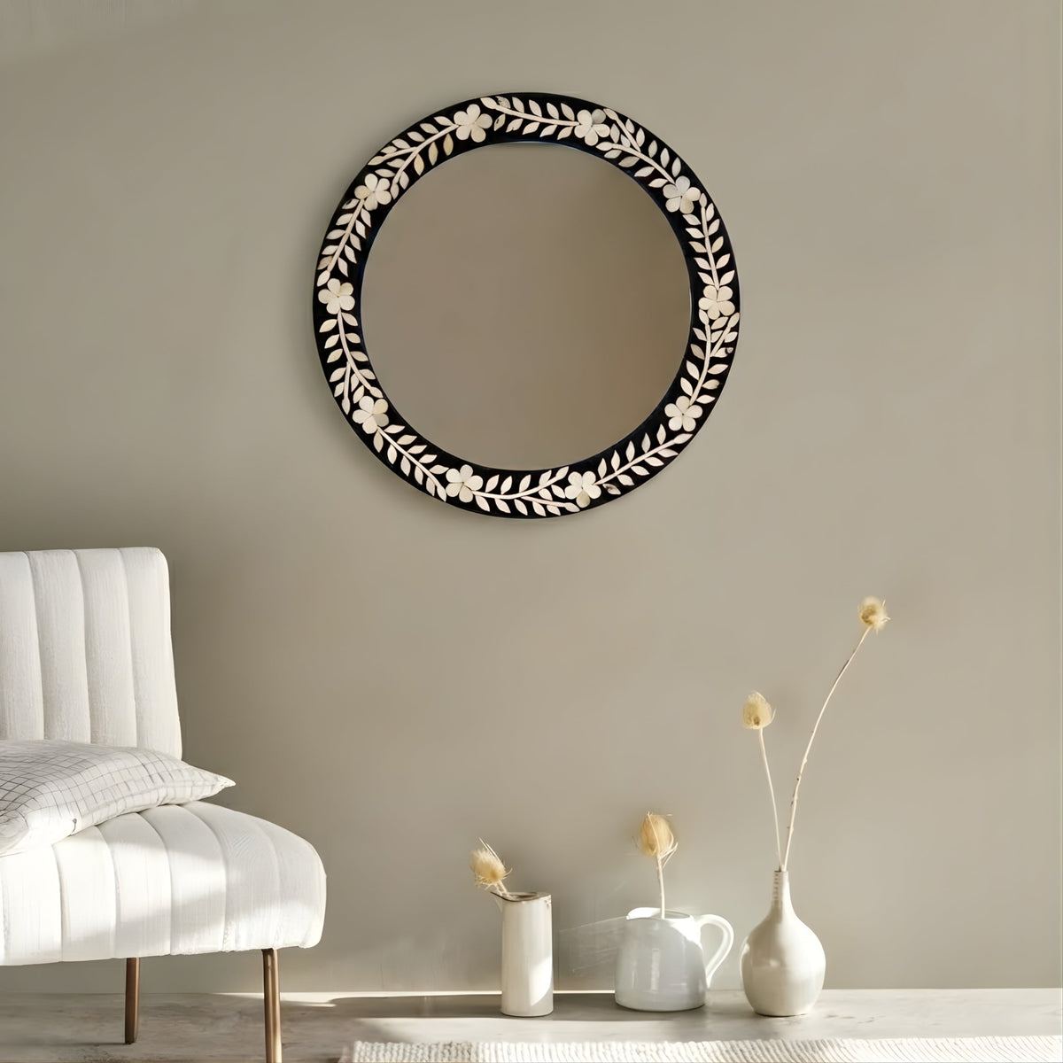 Noorani Round Floral Mirror Bone Inlay