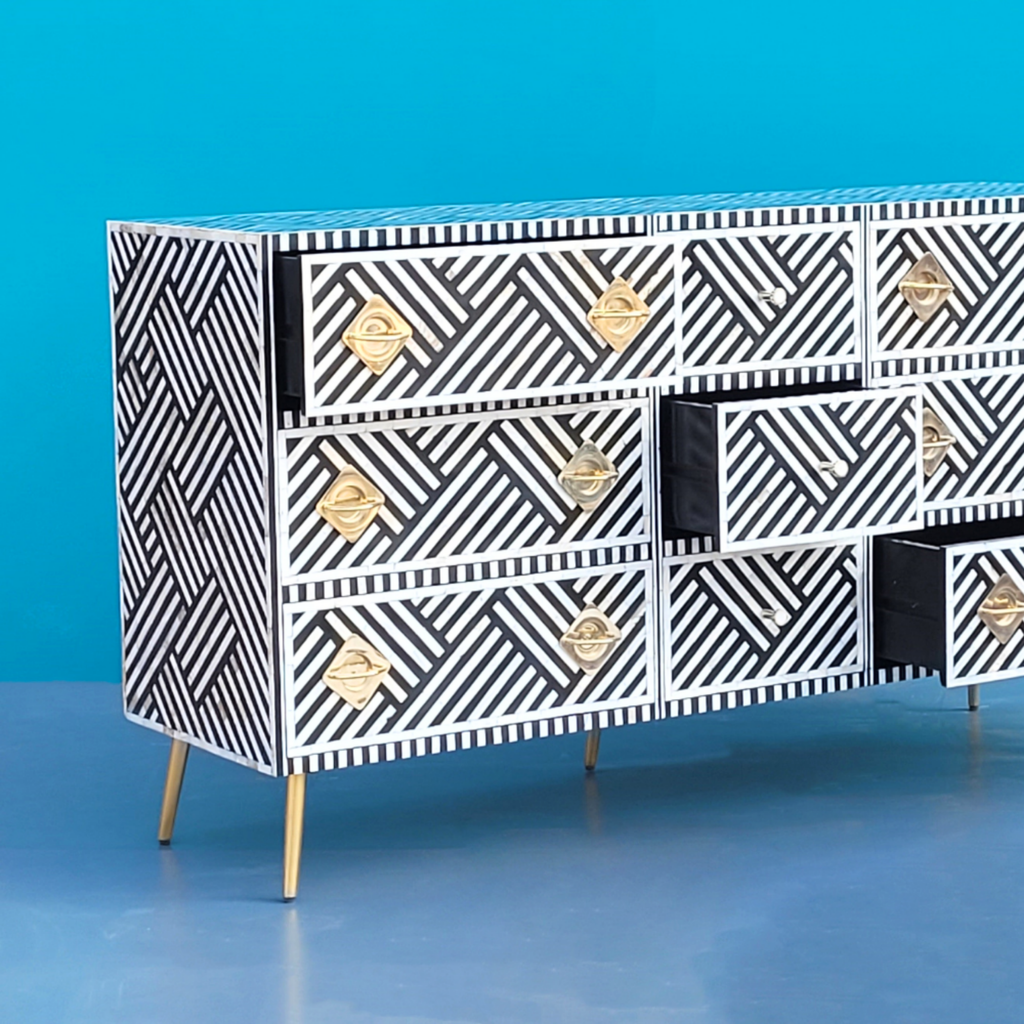 Zardozi Bone Inlay Chest of 9 Drawers Living Rooms, Bedrooms, Hallways