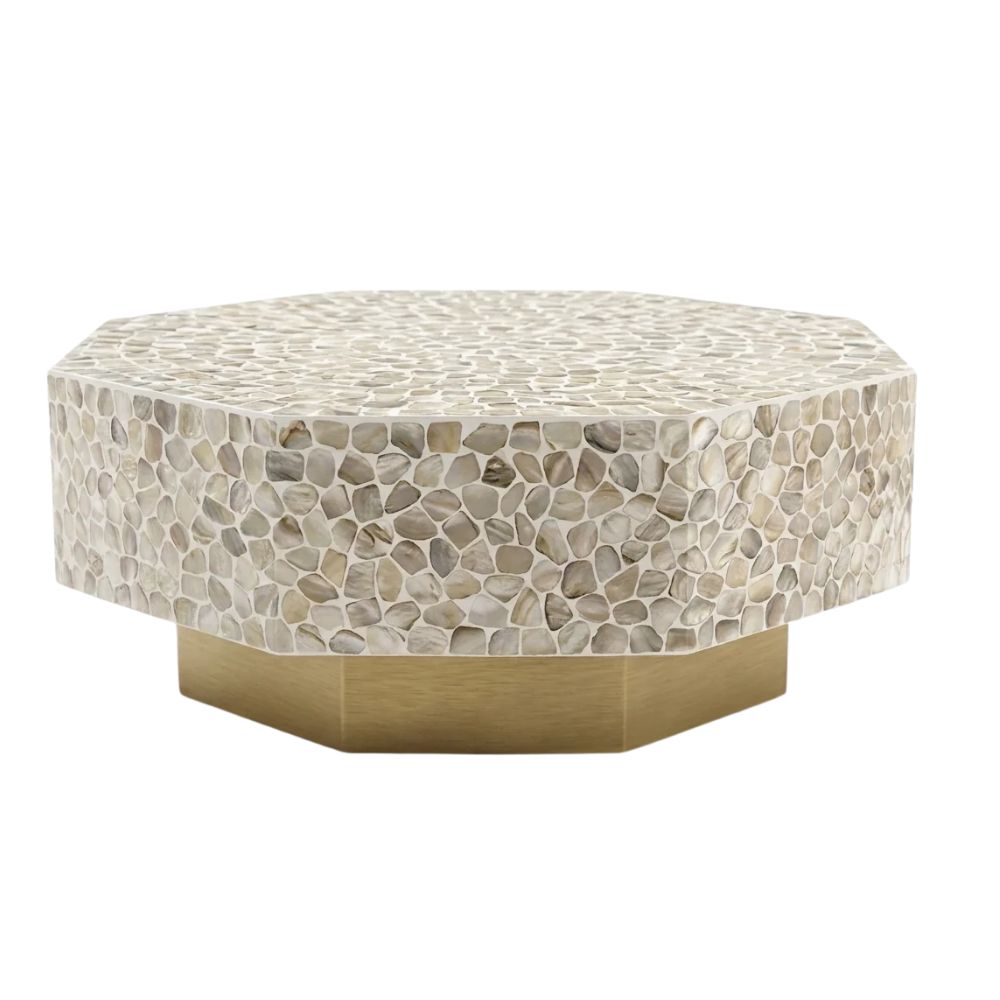 Mother of Pearl Inlay Hexagon Coffee Table – White with Brass Base