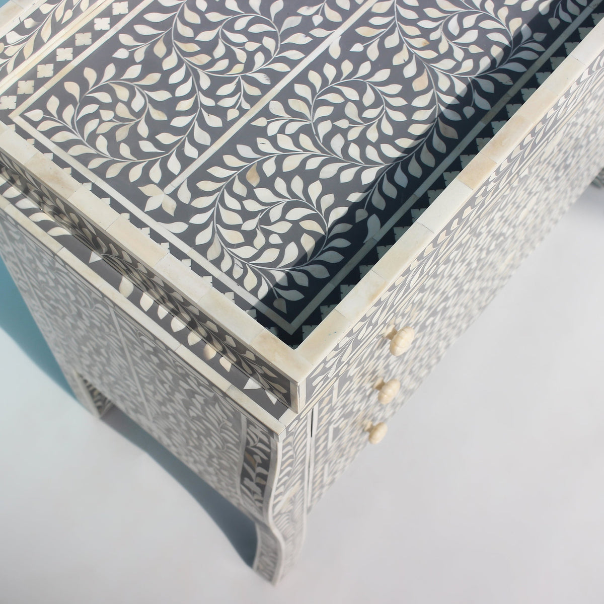 Virasat Grey & White Floral Bone Inlay Chest of 3 Drawer with French Colonial Curved Legs